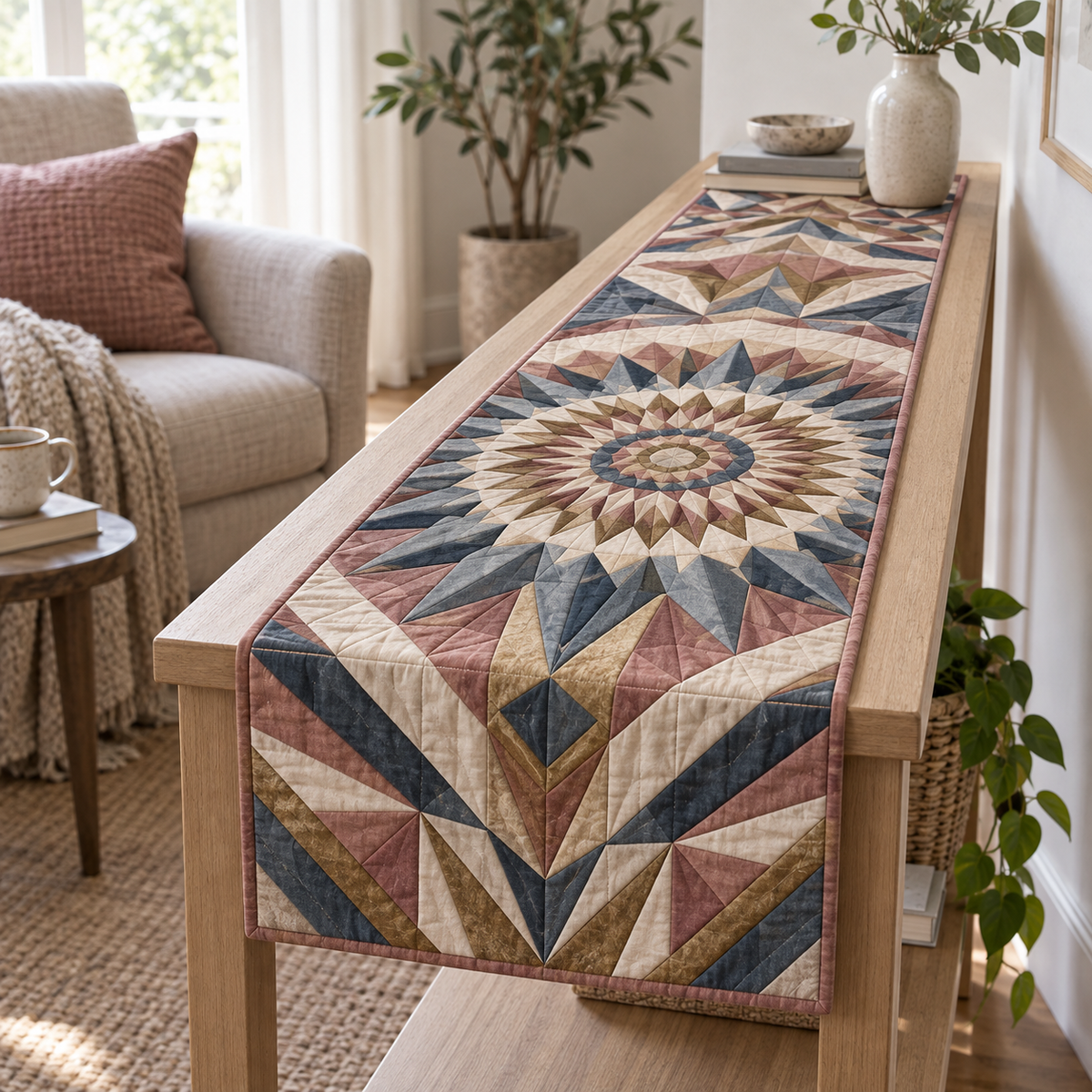 Geometric Sunburst Quiet Corner Table Runner with flat printed optical 3D dusty-rose and antique-brass sunburst rays and slate-blue facets
