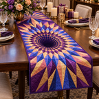 Geometric Sunburst Collector Table Runner with flat printed optical 3D amethyst and warm-gold sunburst rays and cobalt-peach facets