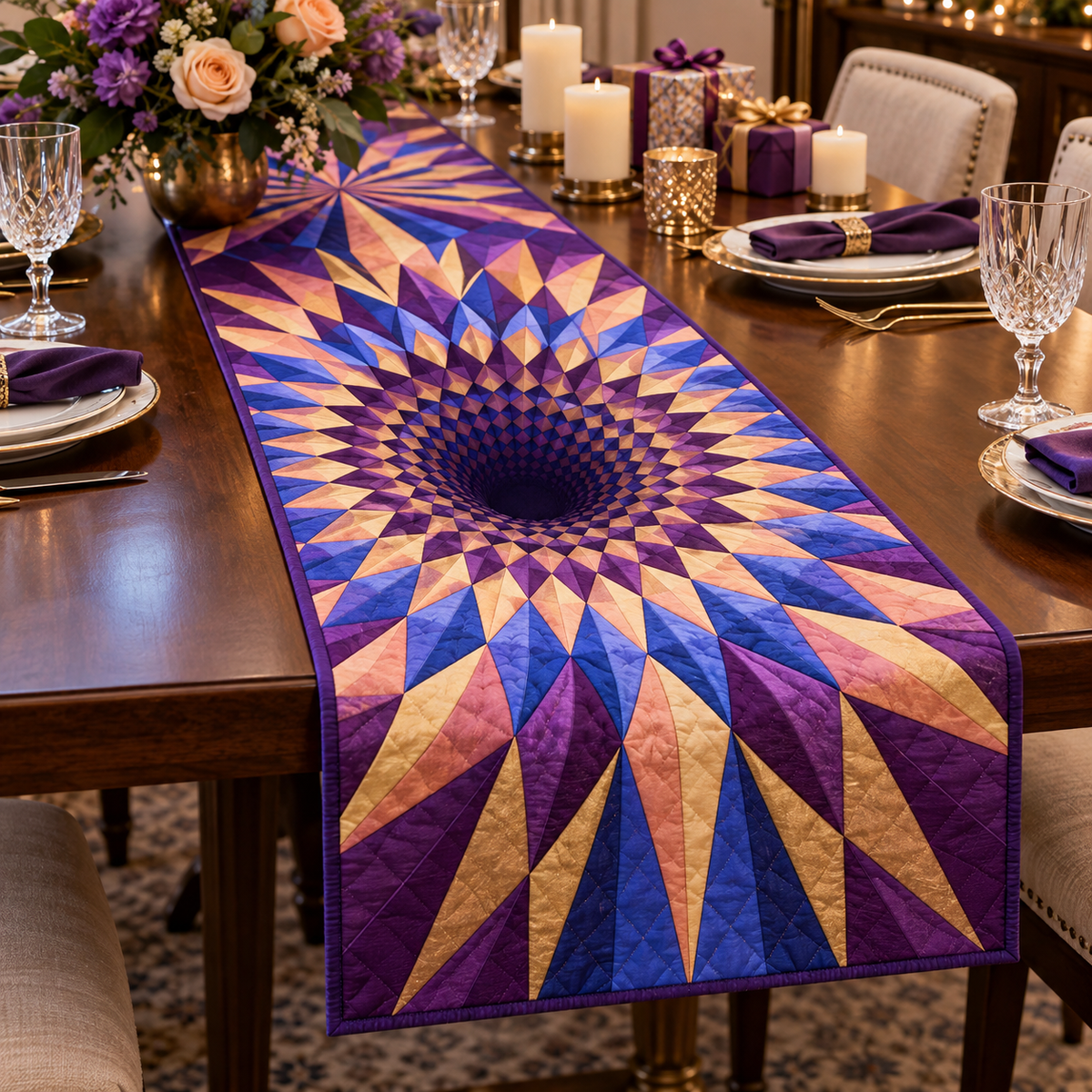 Geometric Sunburst Collector Table Runner with flat printed optical 3D amethyst and warm-gold sunburst rays and cobalt-peach facets