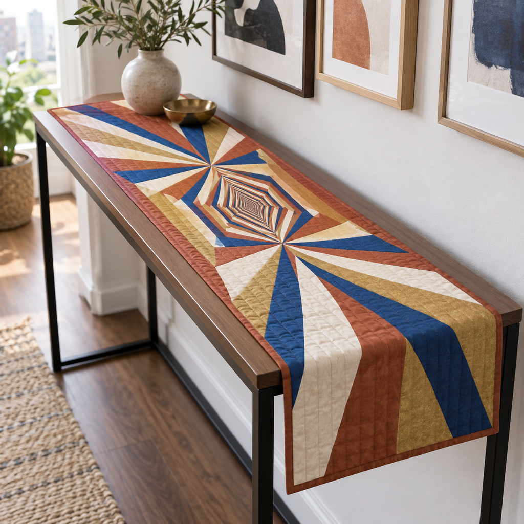 Geometric Sunburst Apartment Table Runner with flat printed optical 3D terracotta and ultramarine sunburst rays and ivory facets