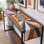 Geometric Sunburst Apartment Table Runner with flat printed optical 3D terracotta and ultramarine sunburst rays and ivory facets