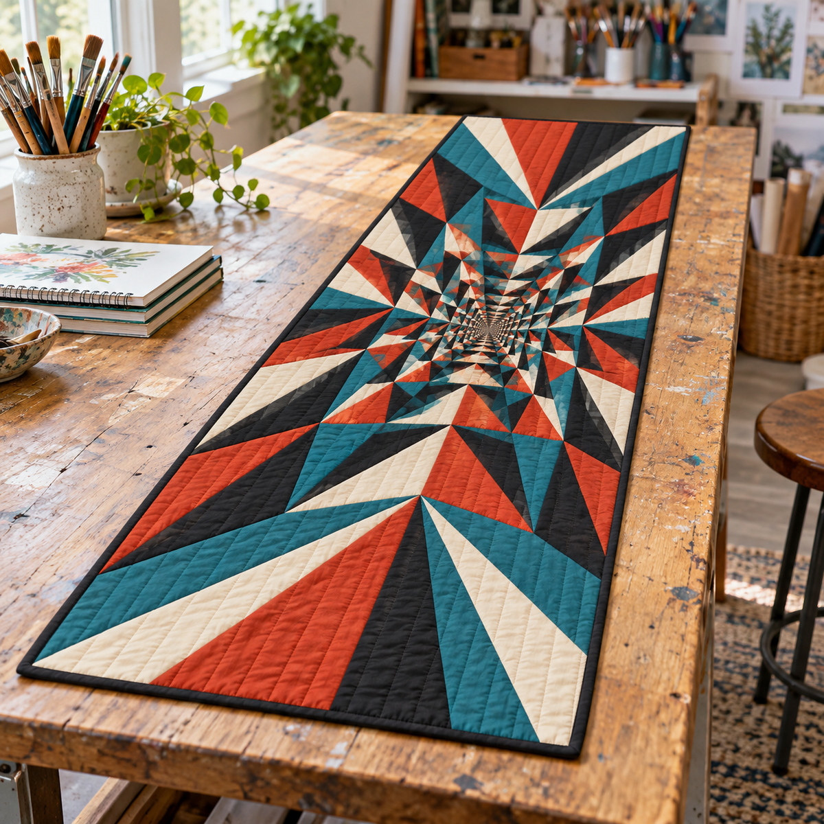 Geometric Sunburst Hobby Studio Table Runner with flat printed optical 3D vermilion and teal sunburst rays and ivory facets