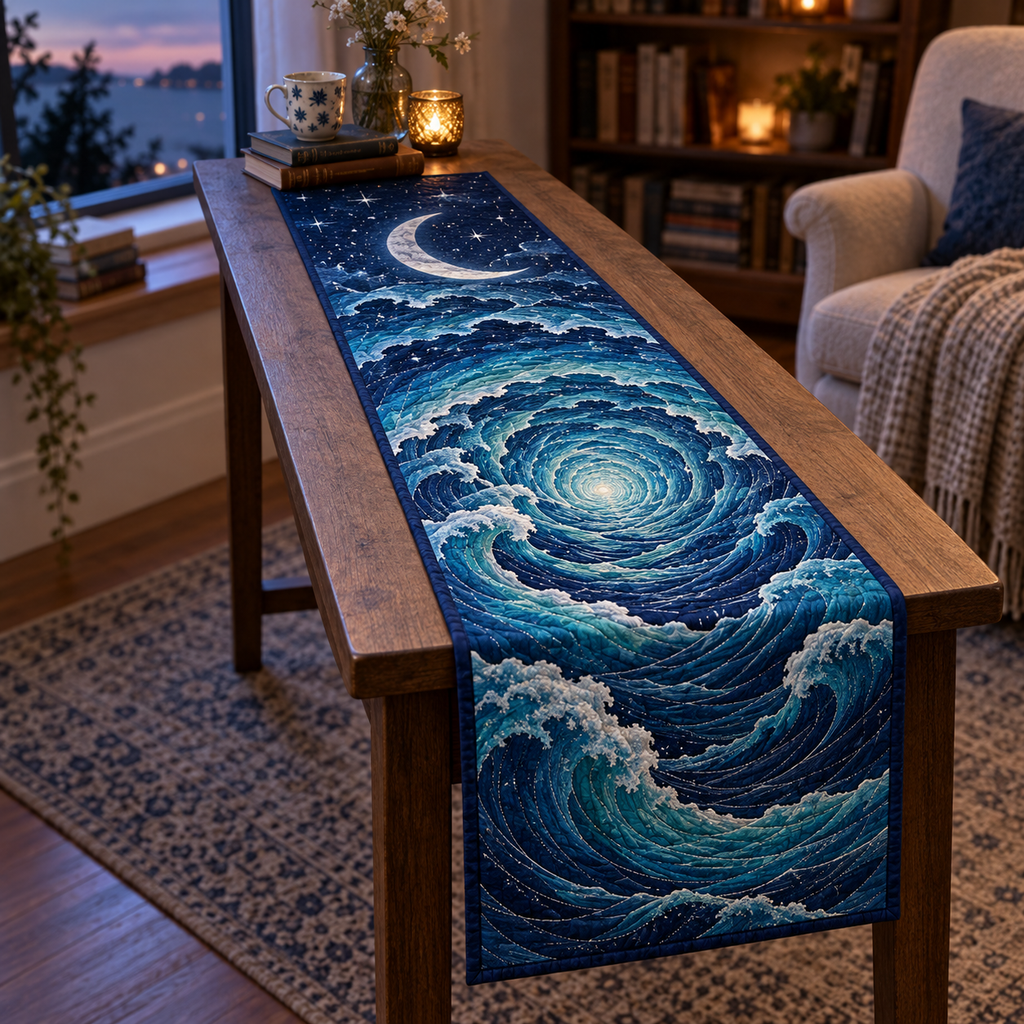 Celestial Ocean Tide Reading Nook Table Runner with flat printed optical 3D indigo-turquoise moonlit waves and silver-white crescent