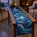 Celestial Ocean Tide Reading Nook Table Runner with flat printed optical 3D indigo-turquoise moonlit waves and silver-white crescent
