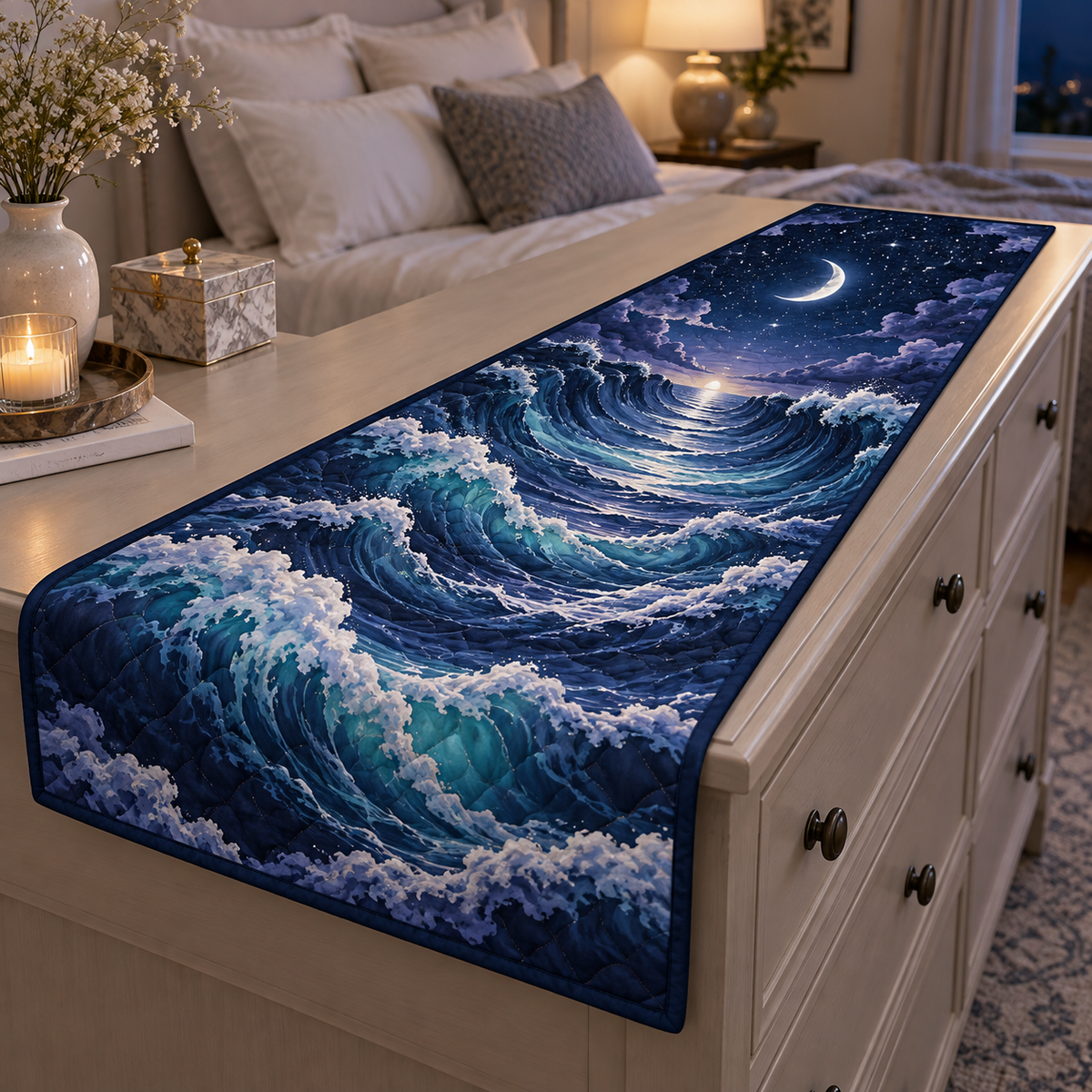 Celestial Ocean Tide Bedroom Table Runner with flat printed optical 3D midnight-navy and aqua moonlit waves and pearl-white crescent