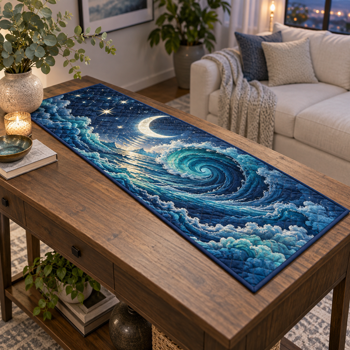 Celestial Ocean Tide Living Room Table Runner with flat printed optical 3D sapphire and sea-glass moonlit waves and pearl-white crescent