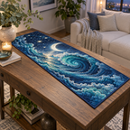 Celestial Ocean Tide Living Room Table Runner with flat printed optical 3D sapphire and sea-glass moonlit waves and pearl-white crescent