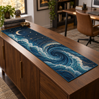 Celestial Ocean Tide Home Office Table Runner with flat printed optical 3D deep-teal and cobalt moonlit waves and moonstone-white crescent