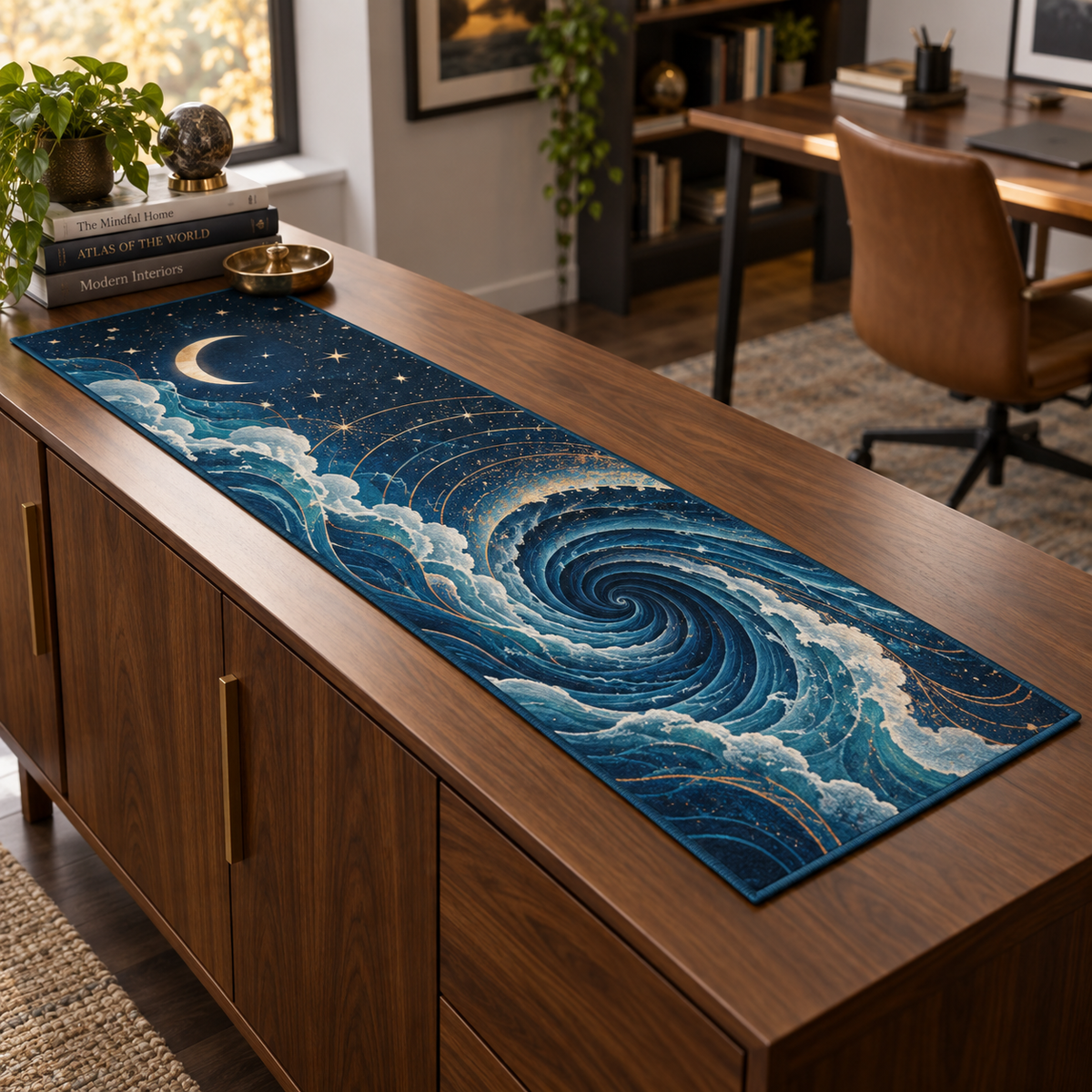 Celestial Ocean Tide Home Office Table Runner with flat printed optical 3D deep-teal and cobalt moonlit waves and moonstone-white crescent