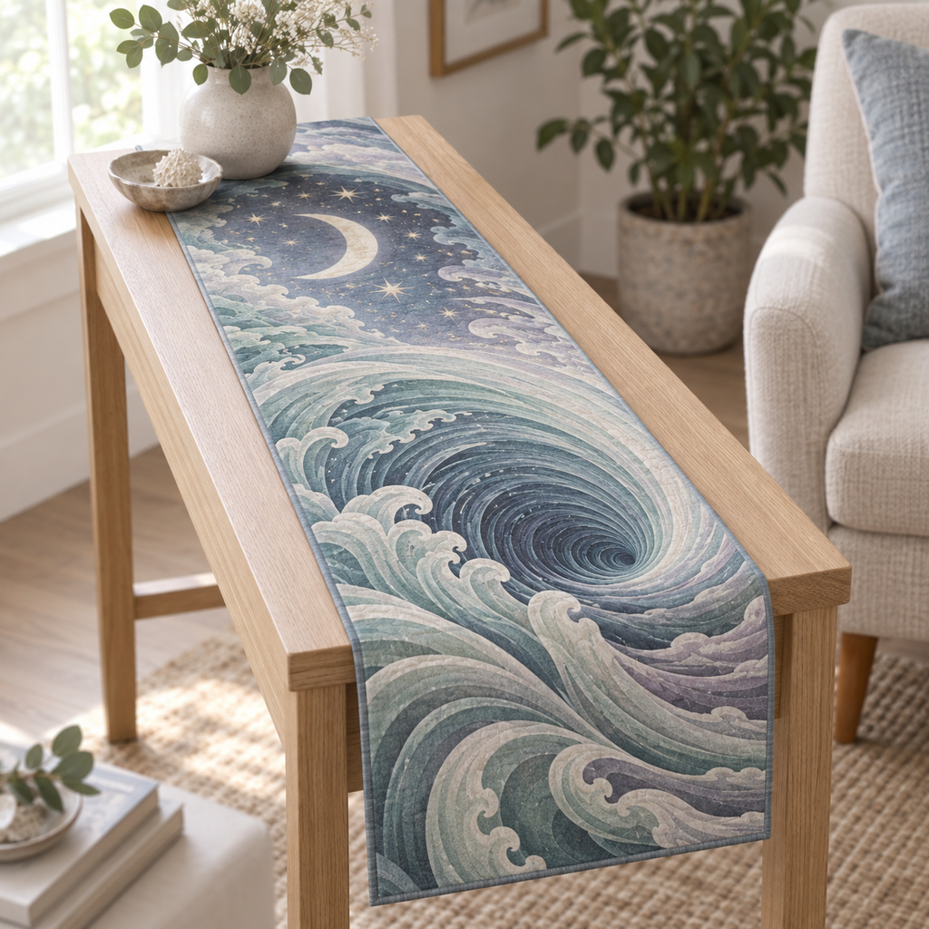 Celestial Ocean Tide Quiet Corner Table Runner with flat printed optical 3D seafoam and dusk-blue moonlit waves and pearl-white crescent