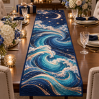 Celestial Ocean Tide Collector Table Runner with flat printed optical 3D royal-blue and turquoise moonlit waves and pearl-white crescent