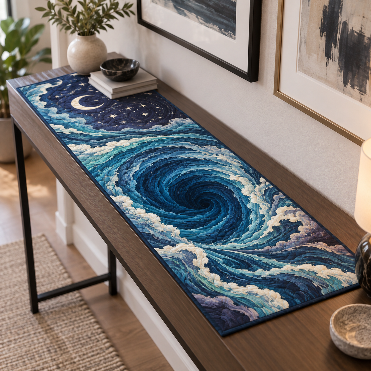 Celestial Ocean Tide Apartment Table Runner with flat printed optical 3D ultramarine-aquamarine moonlit waves and ivory crescent