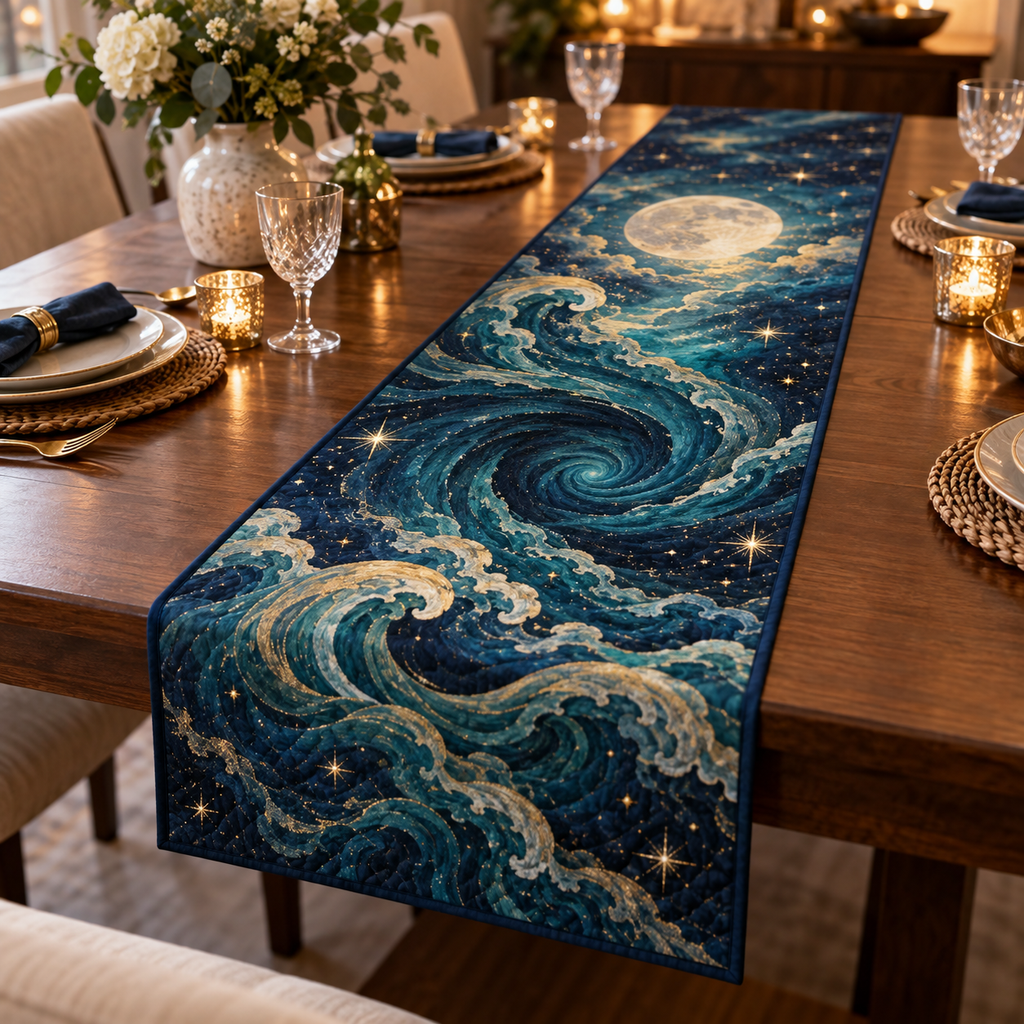 Celestial Ocean Tide Host Gift Table Runner with flat printed optical 3D teal-blue and indigo moonlit waves and pearl-white crescent
