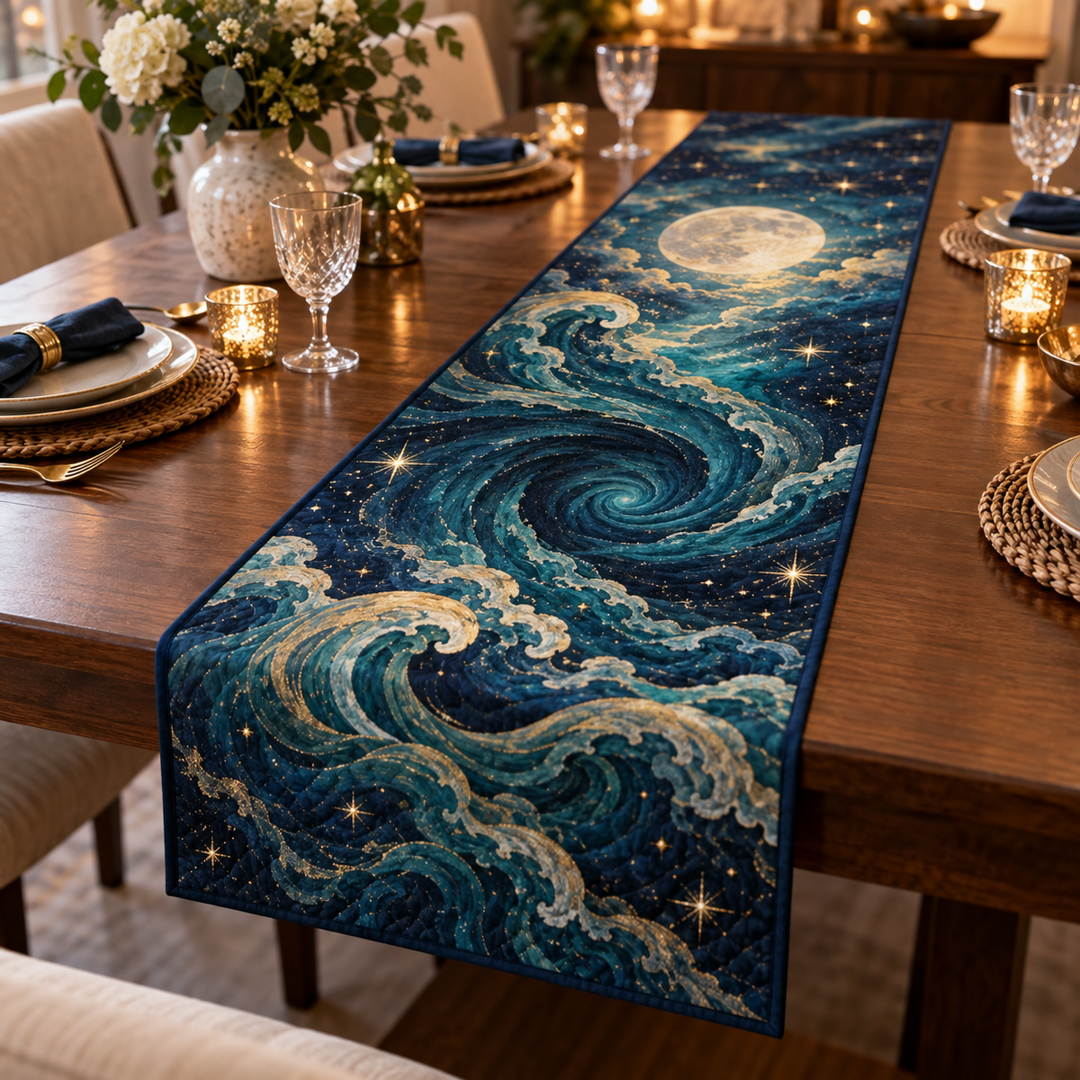 Celestial Ocean Tide Host Gift Table Runner with flat printed optical 3D teal-blue and indigo moonlit waves and pearl-white crescent