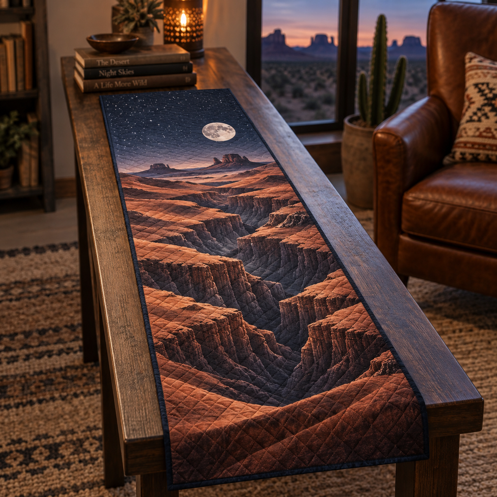 Desert Night Sky Reading Nook Table Runner with flat printed optical 3D indigo night sky, terracotta dunes and pale moon