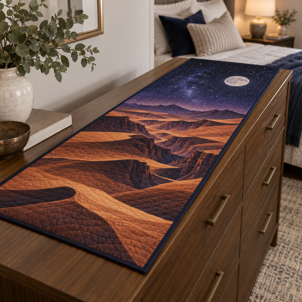 Desert Night Sky Bedroom Table Runner with flat printed optical 3D midnight-violet starfield, terracotta dunes and pale moon