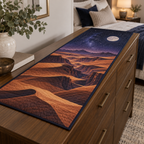 Desert Night Sky Bedroom Table Runner with flat printed optical 3D midnight-violet starfield, terracotta dunes and pale moon