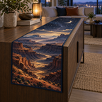 Desert Night Sky Living Room Table Runner with flat printed optical 3D indigo starfield, burnt-sienna dunes and pale moon