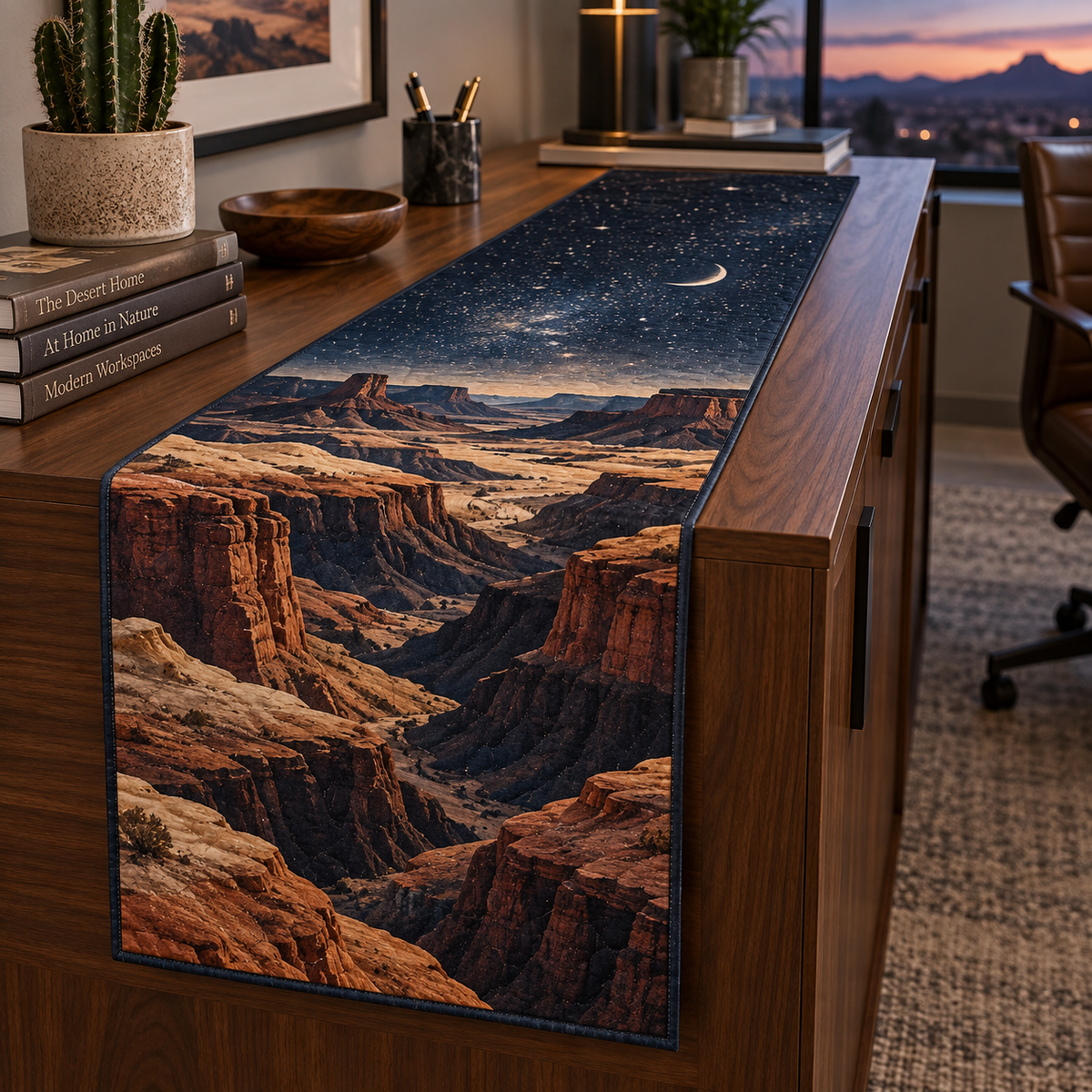 Desert Night Sky Home Office Table Runner with flat printed optical 3D blue-black starfield, rust sandstone dunes and pale moon