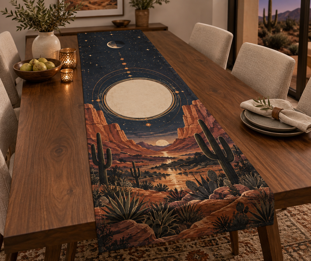 Desert Night Sky Housewarming Table Runner with flat printed optical 3D indigo stars, copper moon and terracotta desert mesas