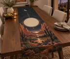 Desert Night Sky Housewarming Table Runner with flat printed optical 3D indigo stars, copper moon and terracotta desert mesas