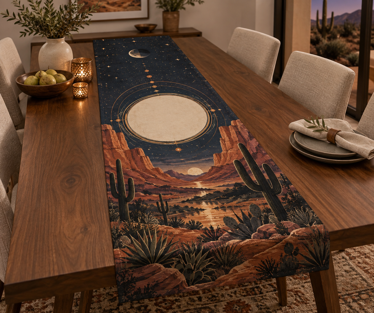 Desert Night Sky Housewarming Table Runner with flat printed optical 3D indigo stars, copper moon and terracotta desert mesas