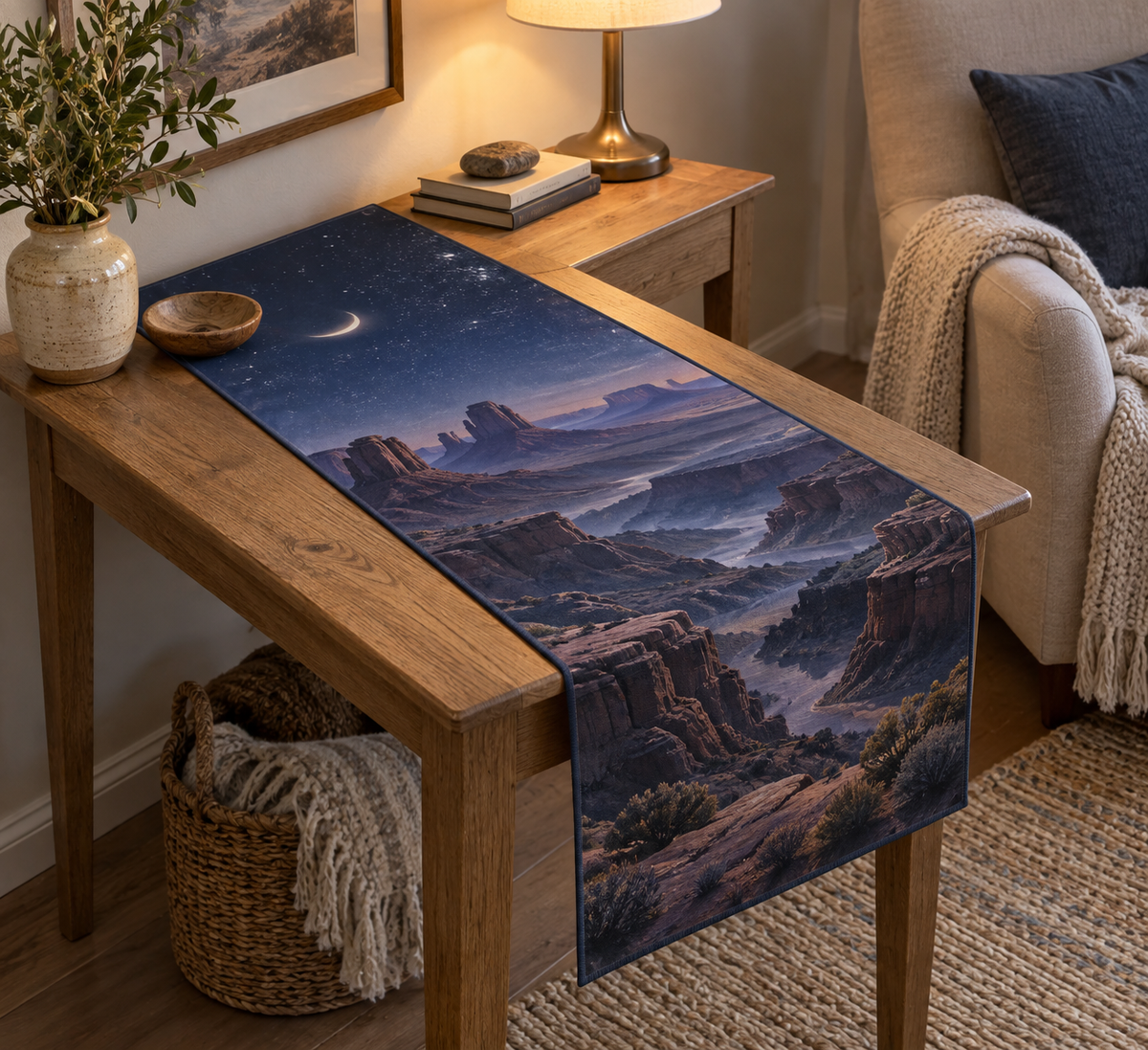 Desert Night Sky Quiet Corner Table Runner with flat printed optical 3D indigo stars, muted rose canyon terraces and moon halo