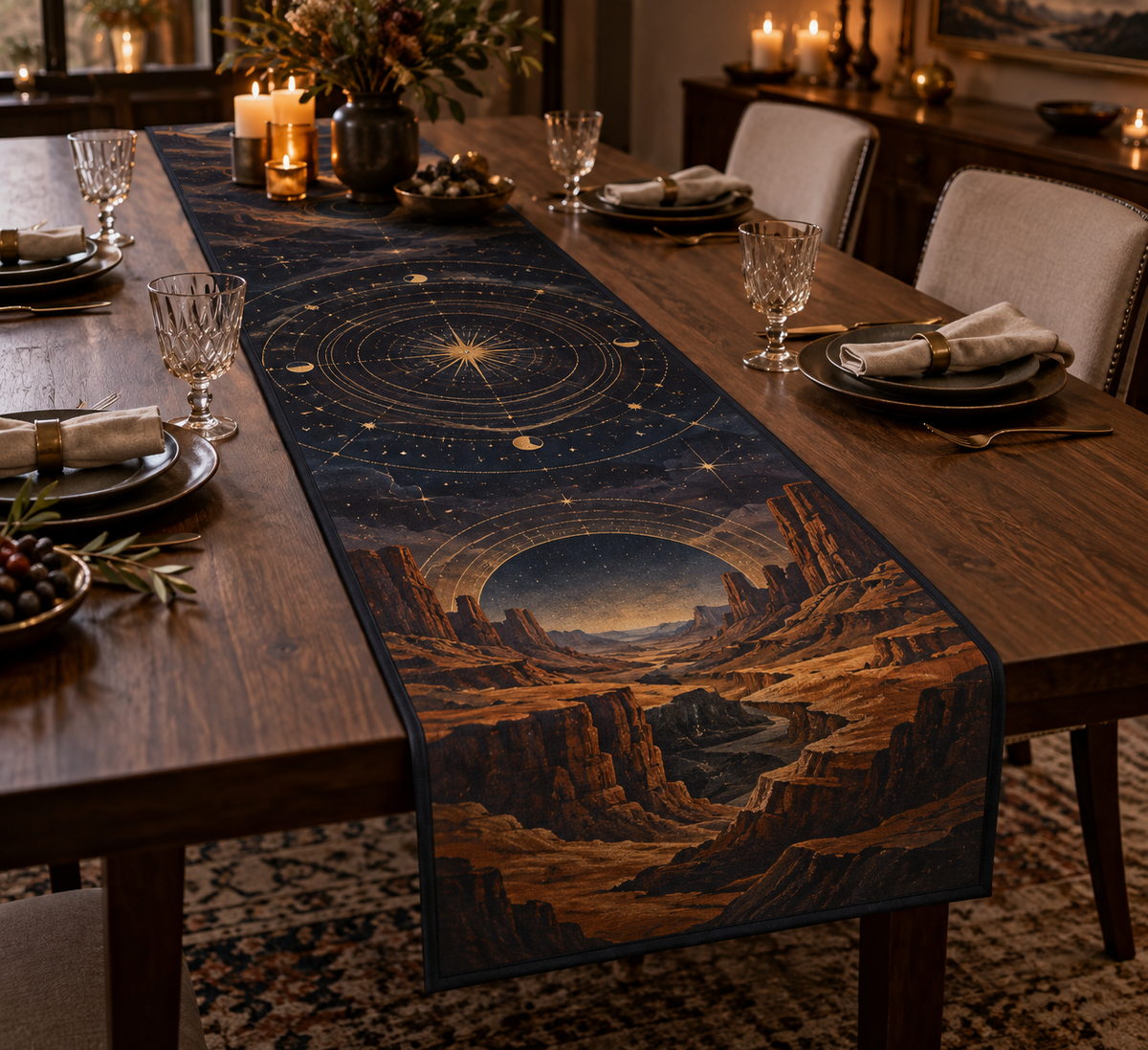 Desert Night Sky Birthday Table Runner with flat printed optical 3D midnight stars, copper crescent and violet desert mesas