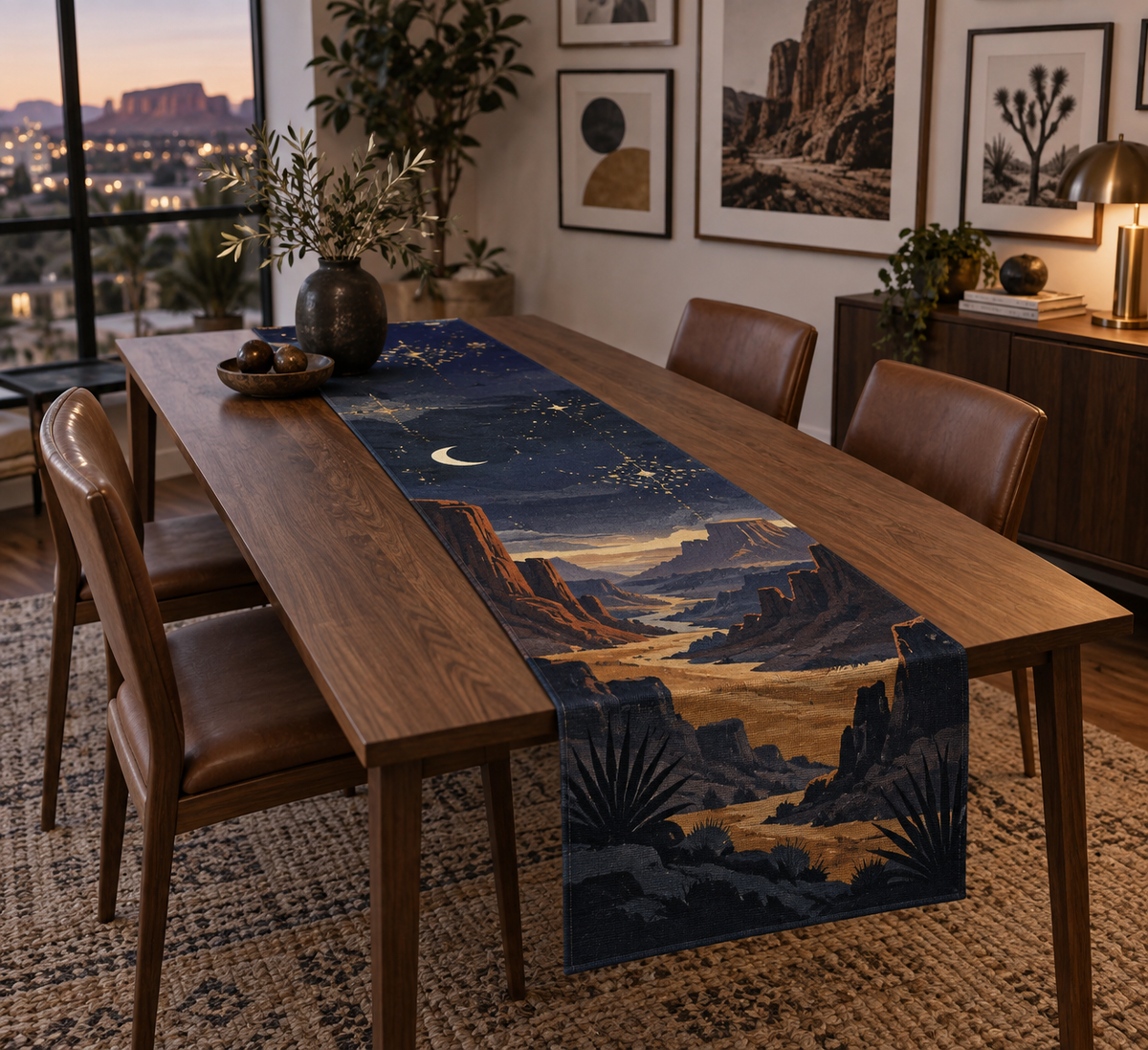 Desert Night Sky Gallery Table Runner with flat printed optical 3D cobalt stars, ivory crescent and sienna desert mesas
