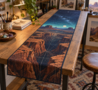Desert Night Sky Studio Table Runner with flat printed optical 3D turquoise stars, copper mesas and terracotta canyon corridors