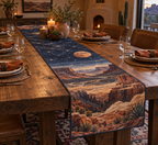 Desert Night Sky Host Gift Table Runner with flat printed optical 3D navy stars, copper moon and terracotta desert mesas