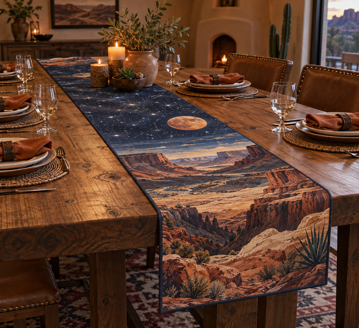 Desert Night Sky Host Gift Table Runner with flat printed optical 3D navy stars, copper moon and terracotta desert mesas