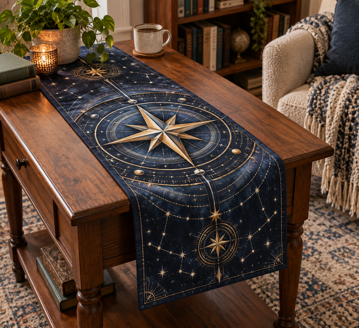 Star Compass Reading Nook Table Runner with flat printed optical 3D ivory compass rose, indigo celestial rings and copper star routes