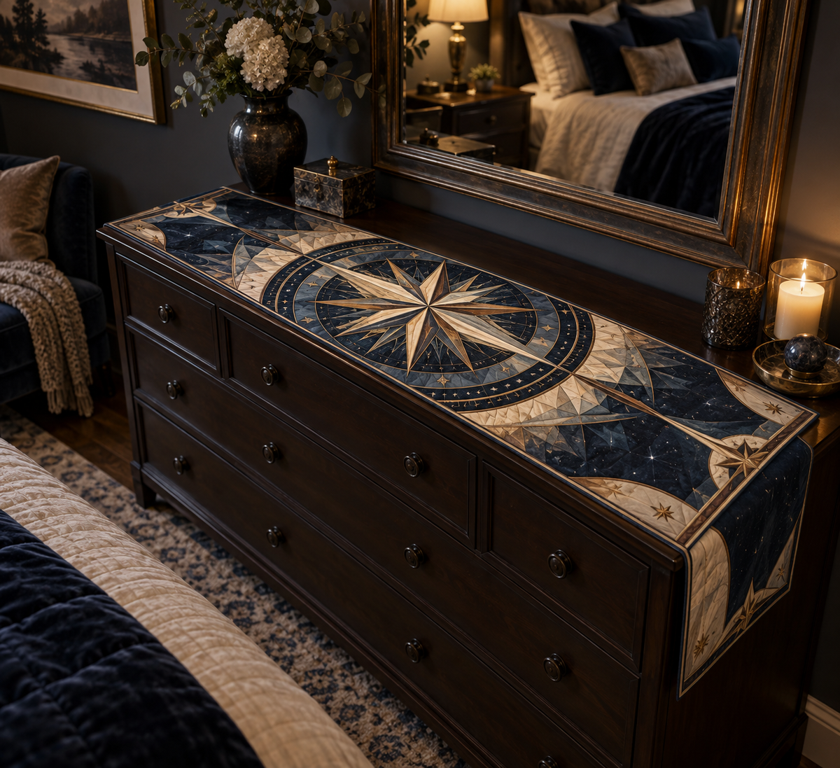 Star Compass Bedroom Table Runner with flat printed optical 3D ivory compass rose, copper navigation rays and midnight star rings