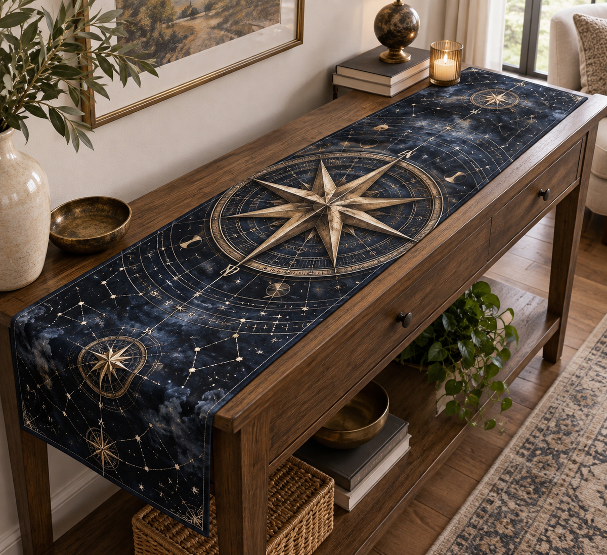 Star Compass Living Room Table Runner with flat printed optical 3D ivory compass rose, copper rays and midnight-blue celestial rings