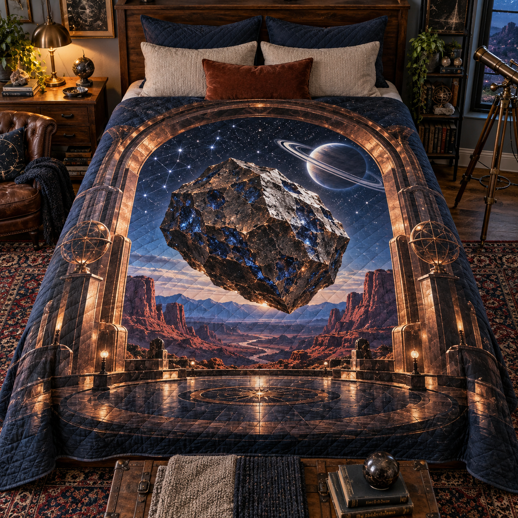 Star Compass Home Office Table Runner with flat printed optical 3D ivory compass rose, antique brass rays and midnight navigation rings
