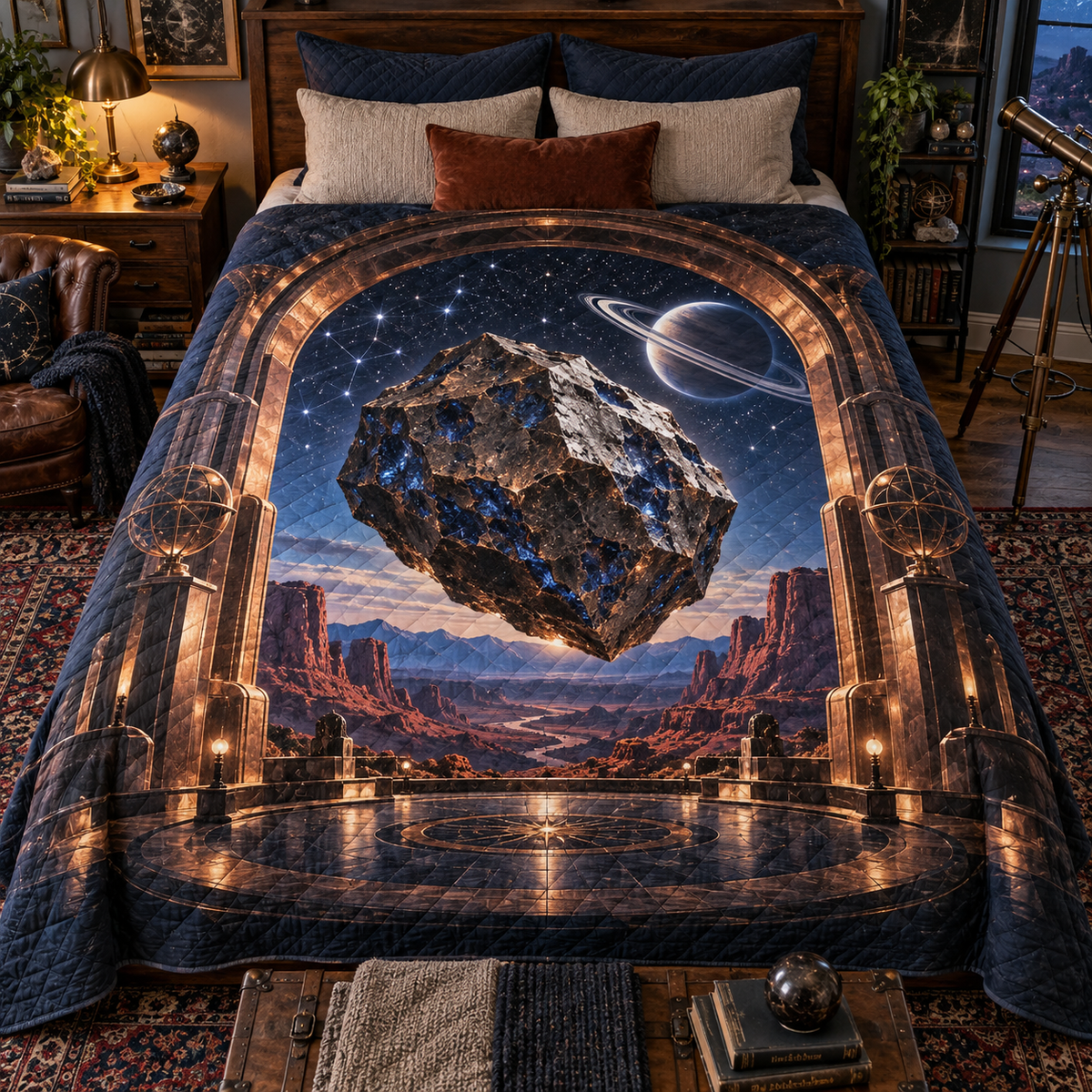 Star Compass Home Office Table Runner with flat printed optical 3D ivory compass rose, antique brass rays and midnight navigation rings