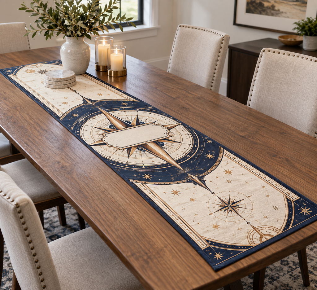 Star Compass Housewarming Table Runner with flat printed optical 3D ivory compass rose, indigo star-map rings and copper navigation rays