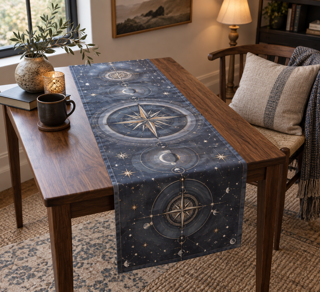 Star Compass Quiet Corner Table Runner with flat printed optical 3D ivory compass rose, muted brass points and slate-blue celestial rings