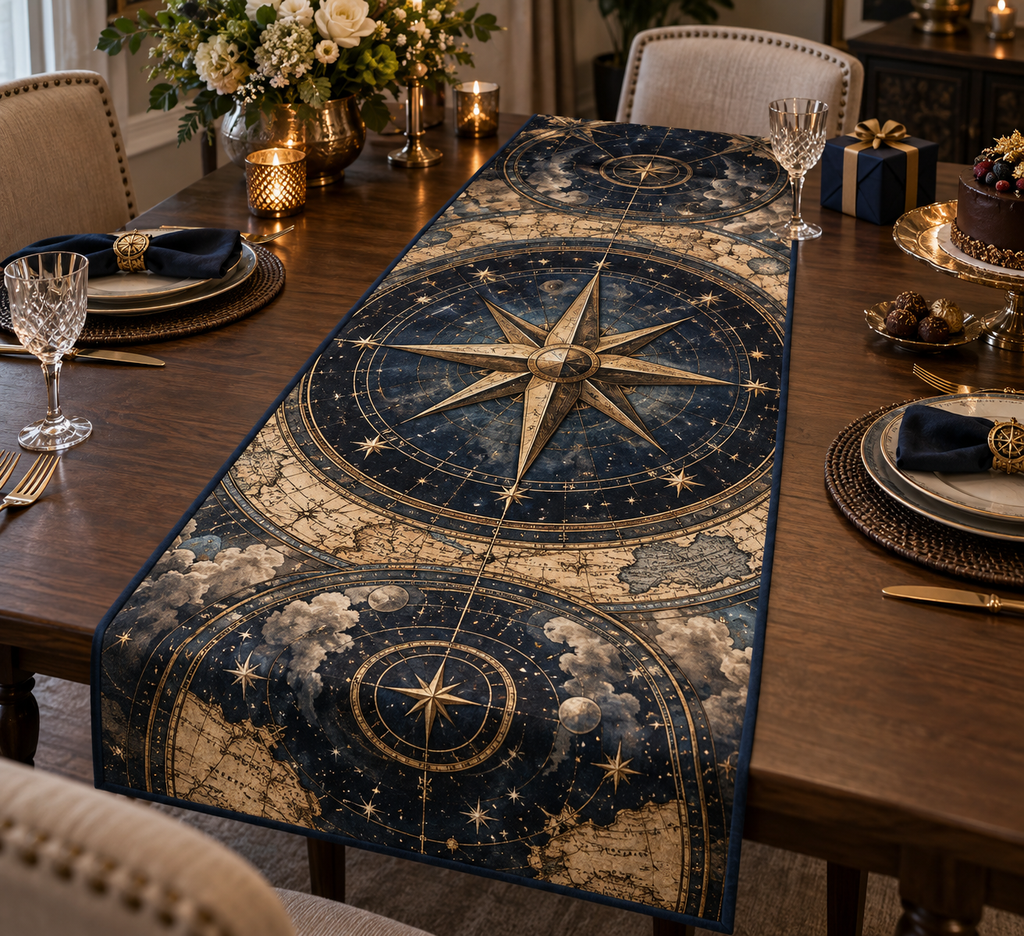 Star Compass Birthday Table Runner with flat printed optical 3D antique-gold compass rose, navy celestial rings and pearl stars