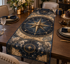 Star Compass Birthday Table Runner with flat printed optical 3D antique-gold compass rose, navy celestial rings and pearl stars