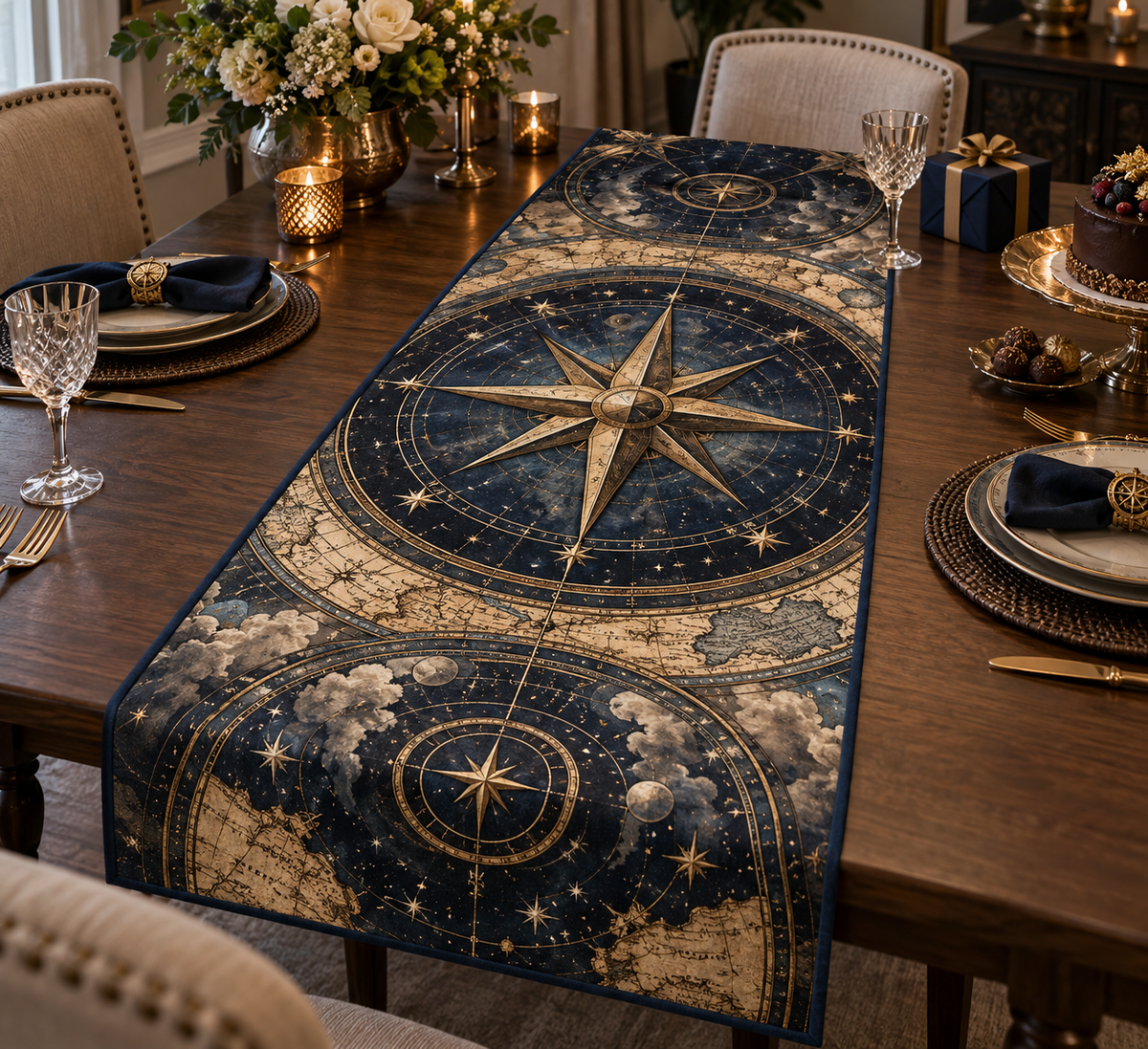 Star Compass Birthday Table Runner with flat printed optical 3D antique-gold compass rose, navy celestial rings and pearl stars