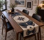 Star Compass Gallery Table Runner with flat printed optical 3D ivory compass rose, indigo map panels and copper navigation rays