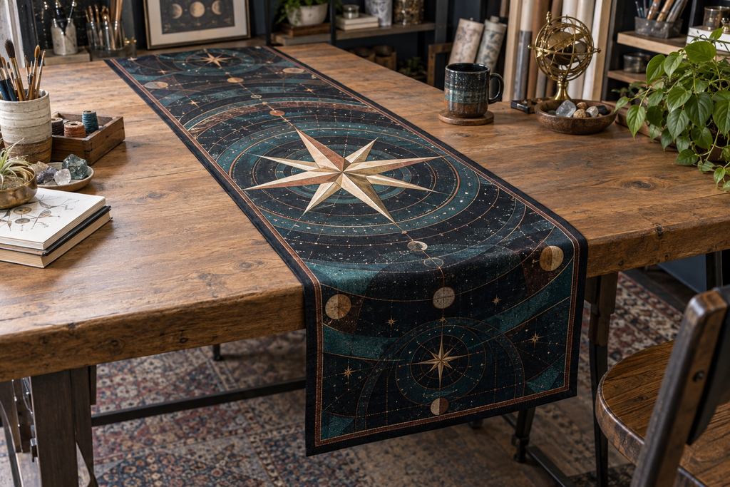 Star Compass Studio Table Runner with flat printed optical 3D ivory compass rose, teal stars and copper routes