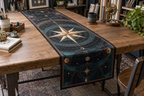 Star Compass Studio Table Runner with flat printed optical 3D ivory compass rose, teal stars and copper routes