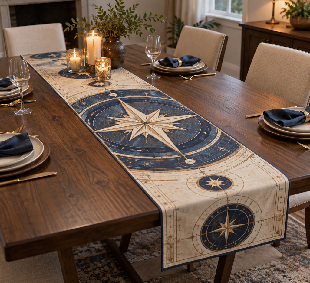 Star Compass Host Gift Table Runner with flat printed optical 3D ivory compass rose, indigo celestial rings and warm copper rays