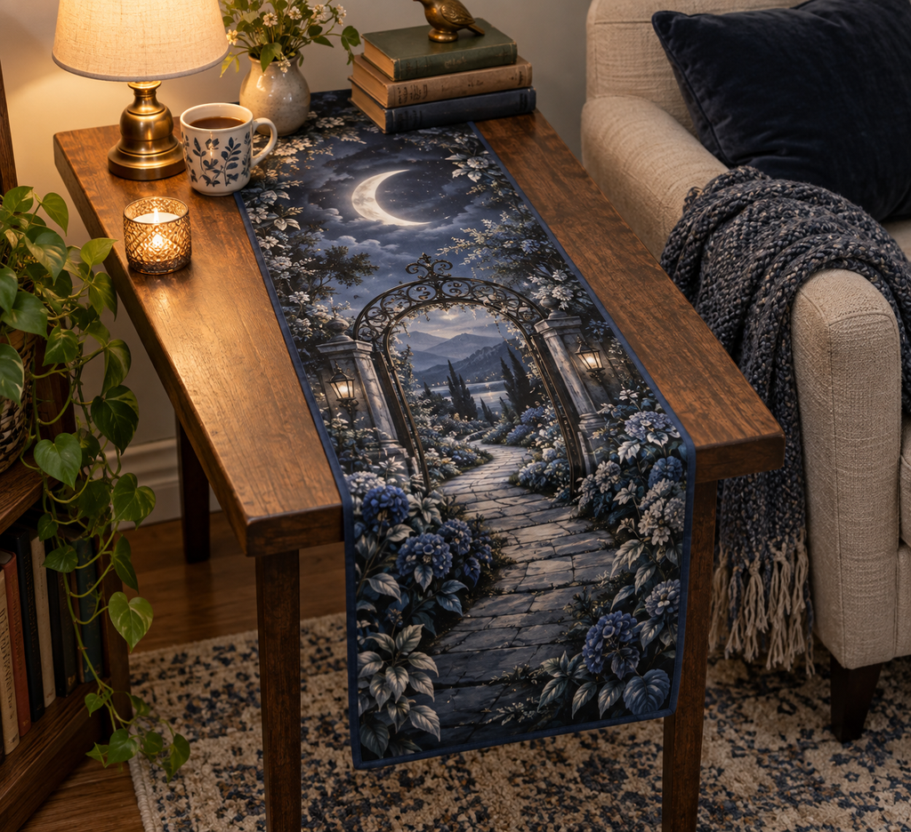 Moon Garden Gate Reading Nook Table Runner with flat printed optical 3D moonlit ivy gate, silver crescent and indigo garden path