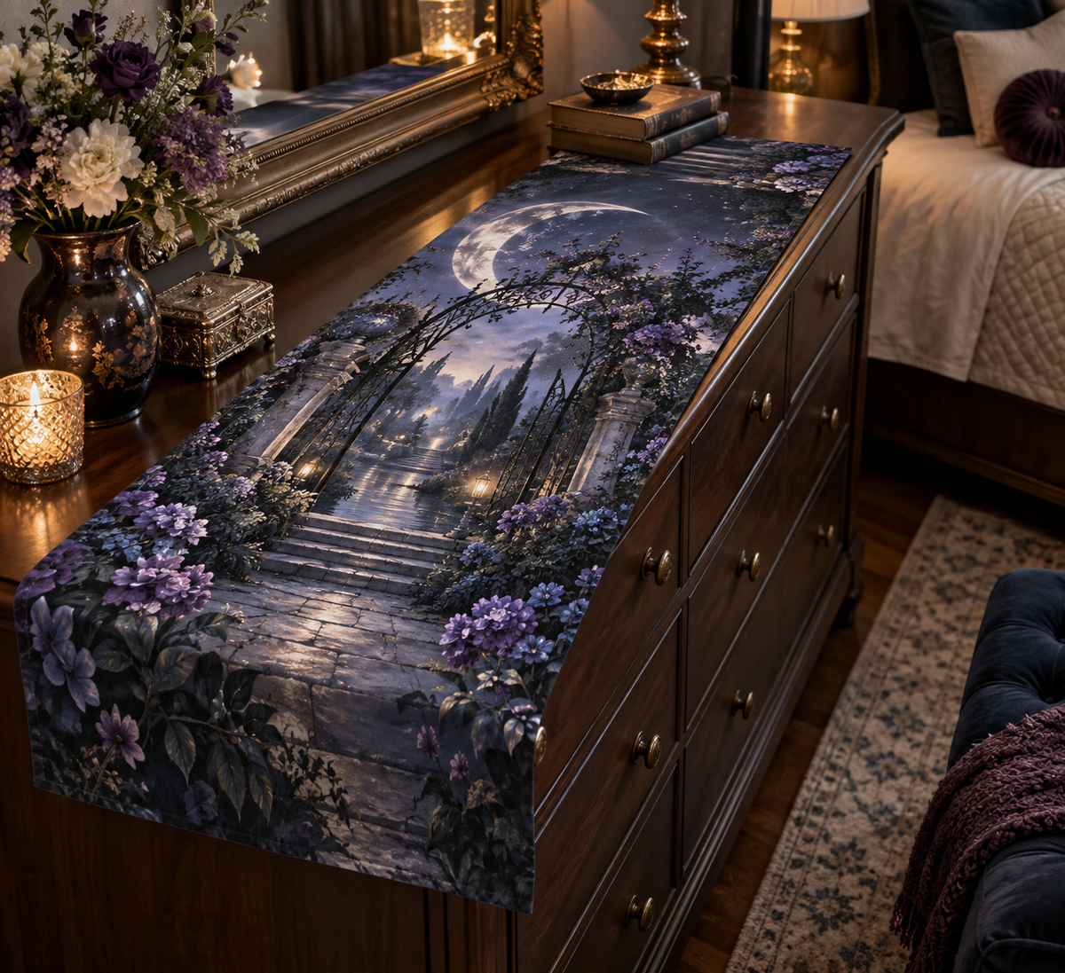 Moon Garden Gate Bedroom Table Runner with flat printed optical 3D pearl moon, cobalt floral gate and receding garden path