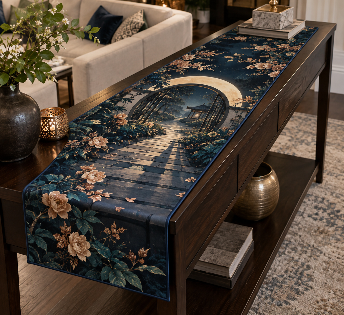 Moon Garden Gate Living Room Table Runner with flat printed optical 3D cream moon, teal ivy arch and deep indigo garden path