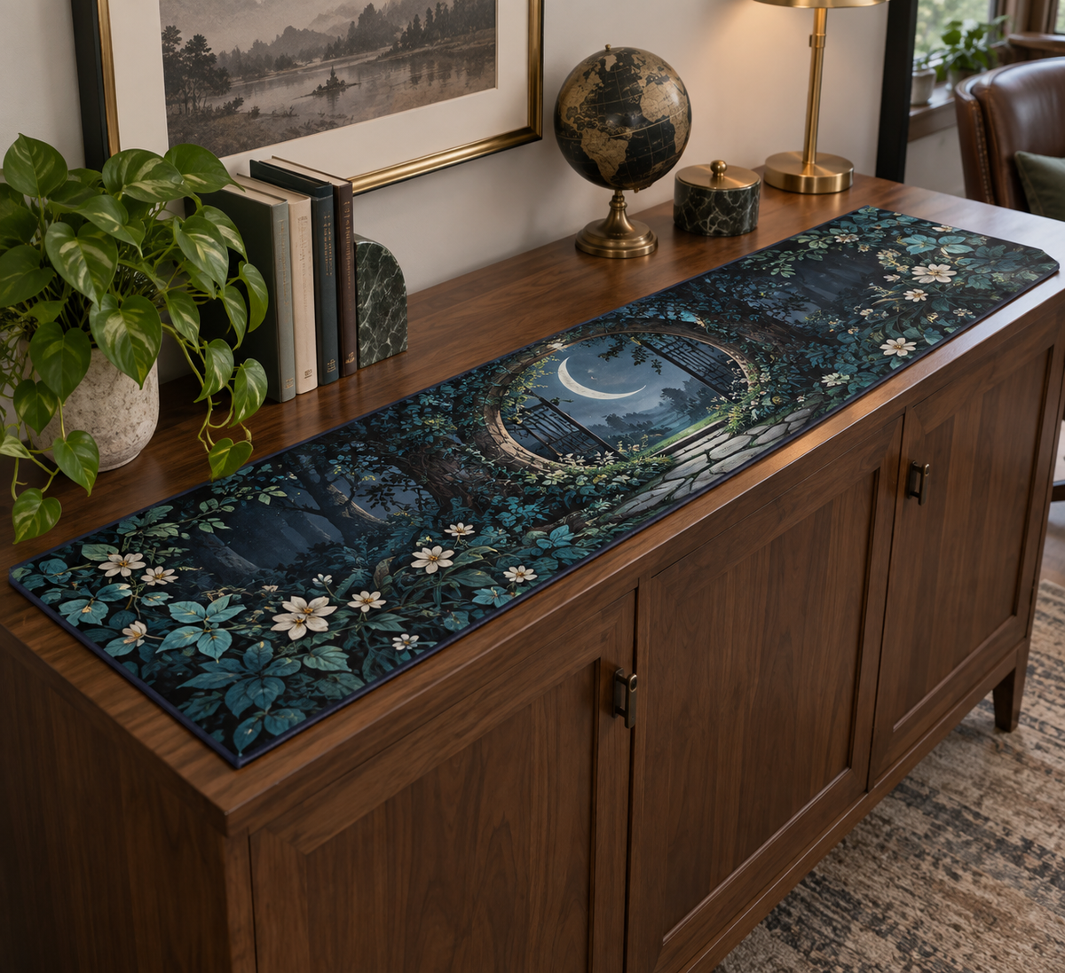 Moon Garden Gate Home Office Table Runner with flat printed optical 3D silver moon, indigo ivy gate and teal garden path